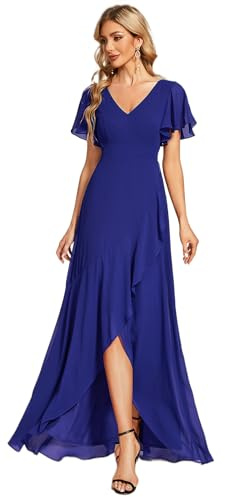 Ever-Pretty Vestido de Fiesta Escote en V Manga Volantes A-línea sin Respaldo Alto Bajo Largo sin Elasticidad para Mujer Elegantes Azul Zafiro 46