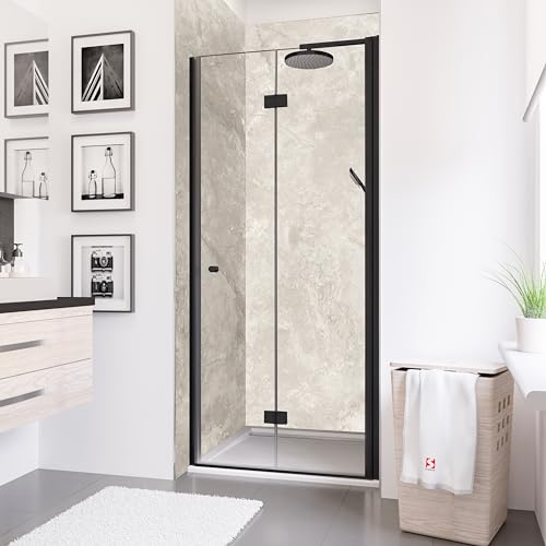 Schulte porte de douche pivotante-pliante 80 x 192 cm en niche, ouverture droite, profilé noir, verre de sécurité 5 mm transparent anticalcaire, plage de réglage 78.3-80.9 cm, largeur d'accès 70 cm