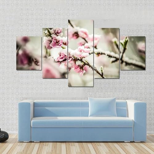 QYYAMDEQ Stampe Da Parete Moderne 5 Pezzi Canvas Quadri Fiori di pesco coperti di neve 5 Pannelli Stampe Di Arte Della Parete Con Cornice Ufficio Cucina Bagni Camera Da Letto Decor