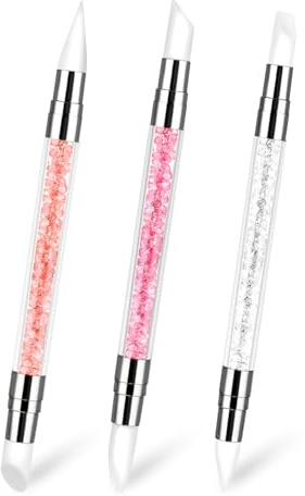 3 Pcs Nail Art Sculpture Pen, Dual Tipped Silicone Nail Tools, Silicone Head Acrylic Handle Nail Art Brushes, Rhinestone Nail Polish Carving Pen, Nail Art Tools for Home Salon (White, Pink, Orange)