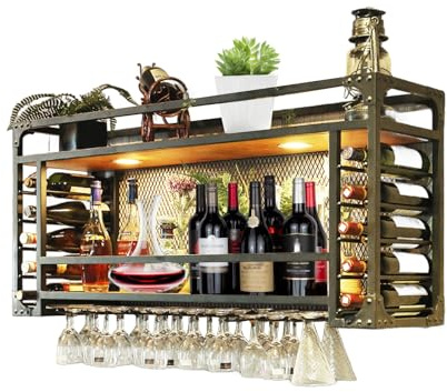 RAJYQODIS Hanging Wine Racks ，Metal Ceiling Glass Holder with LED Light， 2-Tier Rustic Industrial Bar Unit Floating Shelves For Home, Restaurant, Bars, (Hanging, 140cm)