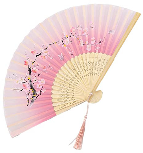 Blausky Handfächer,Bambusfäche,Folding Fans mit Quaste,Bambus Handheld Faltfächer,Hand Fans,Falten Handfächer,Hand Folding Fans,Hand Halten Fans,für Geschenke Wanddekoration,40 x 21 cm,Rosa