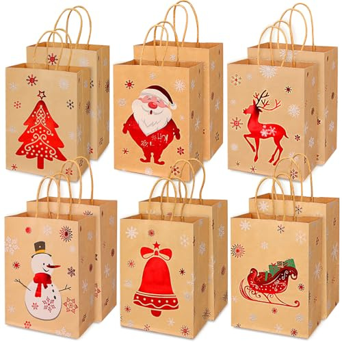 12 Stück Geschenktüten Weihnachten, Papiertüten Weihnachten, Geschenktüte Nikolaus, Weihnachtstüten Papier mit Griffen, Weihnachtskraft zum Verpacken von Geschenken