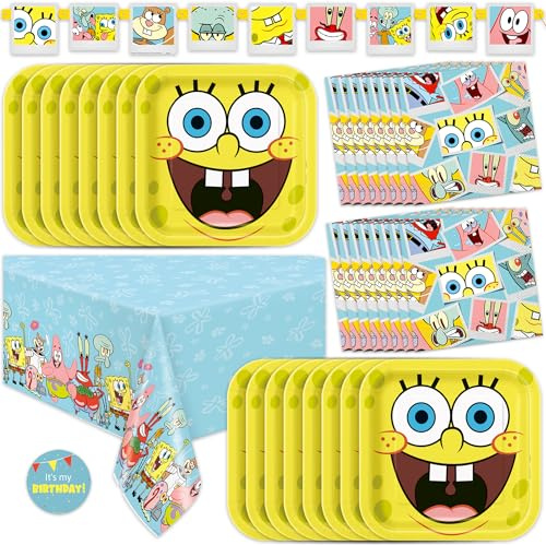 Spongebob Birthday Party Decorations - Officially Licensed Plates, Napkins, Banner, Tablecloth, Stickers for 16