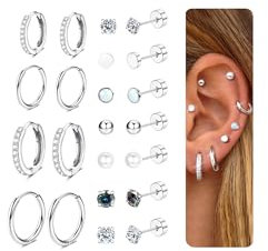 CASSIECA 11 Paar Ohrringe Silber Set, 316L Chirurgenstahl Ohrringe für Damen Herren Medizinische Ohrstecker und Creolen für Mehrfachpiercing 14K Vergoldet Helix Tragus Piercing Ohr Silber