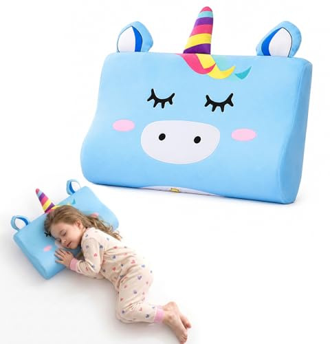 champracer Schlummerkids Kissen, Calmly Kinderkissen, Kinderkopfkissen, Atmungsaktives Ergonomisches Kissen für Jungen und Mädchen mit Niedlichen Tierdesigns (Blaues Einhorn,50 * 30 cm)