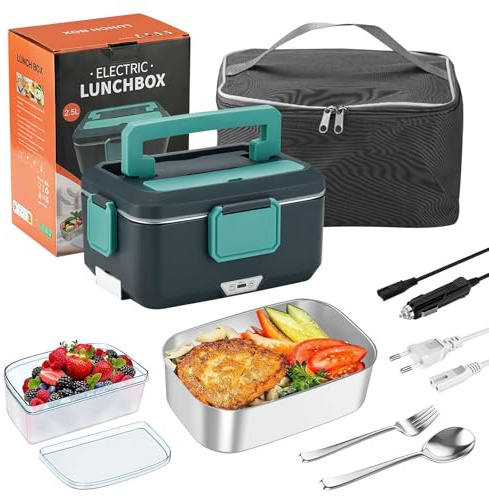 RUICUBEI Lunch Box, Lunch Box Électrique 90W Pour Voiture et Camion et Bureau Gamelle Chauffante 3 en 1 Acier Inoxidable 12V 24V et 220V Boîte à Repas 2,5L Avec Noir Sacs Isolants (2.5L - Bleu - 90W)