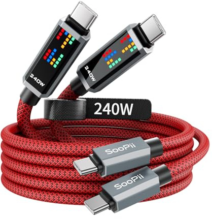 SOOPII Cable de carga USB C PD 240W,1,2m, 2unidades, Negro | carga ultrarrápida con pantalla LED de 3 efectos de persecución,Cable USB C a USB C para iPhone 16/15, MacBook, iPad