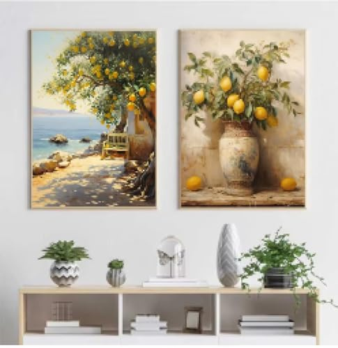 LZJAGXX Mediterranes Poster, Zitronenbaum, Früchte, Stillleben, Küstenlandschaft, Leinwandgemälde, Wandkunst, Bilder, Heim- und Küchendekor, 30 x 40 x 2 cm, rahmenlos