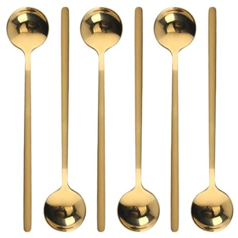 6 Pcs Coffee Spoons Stainless Steel Tea Spoon Round Dessert Spoon Long Handle Spoons for Hot Chocolate Ice Tea Latte Dessert Espresso Golden