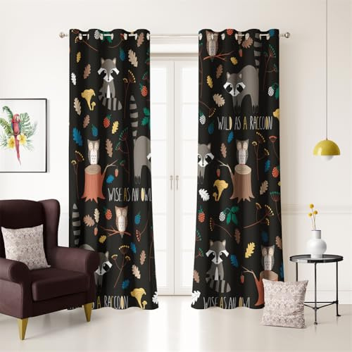 Koudi Schwarz Blickdichte Vorhänge Kinderzimmer Tiere Eule Botanisch Muster Gardinen mit Ösen für Kinderzimmer, Schlafzimmer, Wohnzimmer 160 × 132cm (H × B)