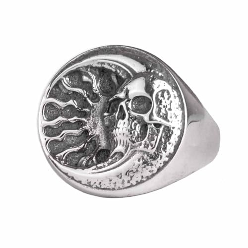 KAMBO Anello da uomo in argento Sterling 925 con teschio, anello con sigillo a forma di sole e teschio, fatto a mano, gotico, argento, senza pietra preziosa, Argento, Nessuna pietra preziosa