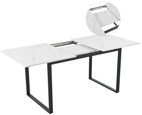 Lahoomu Esstisch Teleskoptisch, 140/180x80cm, Beine aus Eisen aus Metall & Vierkantrohrbeine (Weiße MDF Tischplatte Mit Marmormustern),Doppelnutzung für Heim & Büro