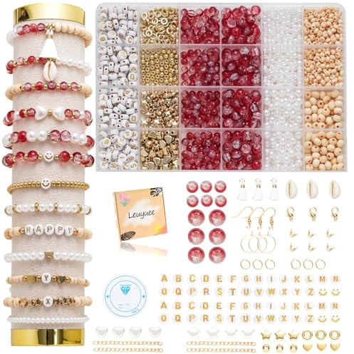 Leuyuee Glasperlen zum für armbänder Edelstein Perlen Perlen Set Zum Auffädeln Kit Perlenset Beads für DIY armbänder selber machen Schmuck Halskette Ohrringe Kette für Erwachsene(Zweifarbig rot)