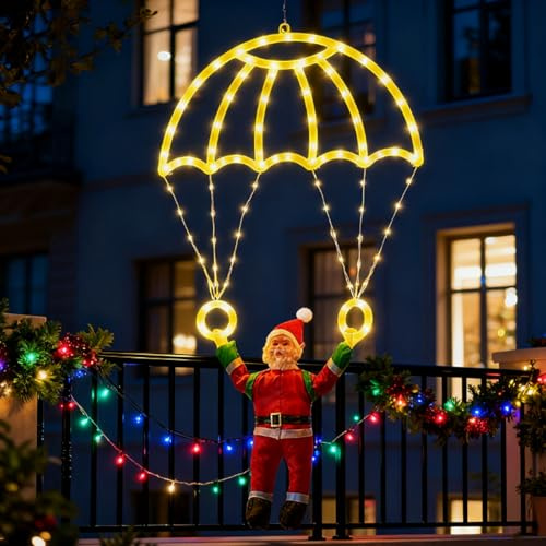 Weihnachtsdekoration, 30cm Weihnachtsmann mit Fallschirm, 8Modi Einstellbare Warmweiße wasserdichte LED Licht Weihnachtsschmuck für Innen und Außendekoration an Veranda, Fenster, Treppen