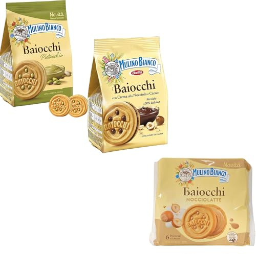 Baiocchi Tris Classico, Nocciolatte e Pistacchio Biscotti Ripieni di Crema al Cacao, Pistacchio, Nocciole e Latte per mulino bianco 168g [3 Confezioni]