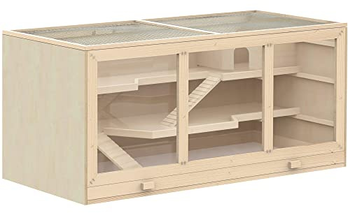 PawHut Cage pour Hamster à 2 Niveaux avec Toit ouvrant, fenêtres et cabane, Habitat pour Petits rongeurs, Cage gerbilles, 2 rampes et Plateau Amovible, 115 x 57 x 55 cm, Effet Bois Naturel
