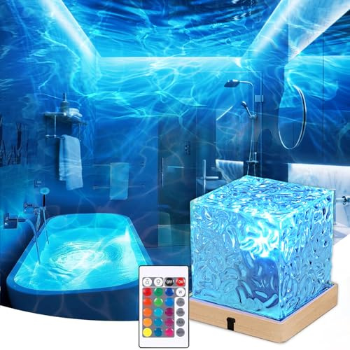 Rechargeable Shower Lamp 16 Color Sensory Lights Changeable Ocean Wave Galaxy Projector with Remote Northern Light Mood Cordless Cube Lamp Waterproof Flame Water Lights for Bathroom Gifts for Women