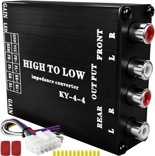 MKBKLLJY LOC4 Channel Line Output Converter with Remote Turn On, Car Speaker Cable to RCA Adjustable High to Low Impedance Converter, with Power Amplifier Control Wire, Wiring Cap, Adhesive