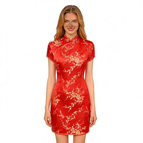Women's Cheongsam Qipao Dress Slim Bodycon Exotic Dresses Chinese Wedding Costumes Vintage Lunar New Year Asian Mini Dress Red Plum Blossom S
