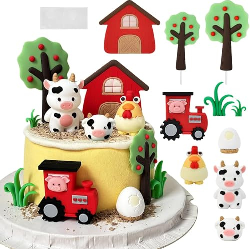 Farm Birthday Cake Toppers, Farm Animals Party Decorations, 3D Cow Cakes Decoration Tractor Hen Egg Cupcake Topper for Baby Shower Birthday Party Decor