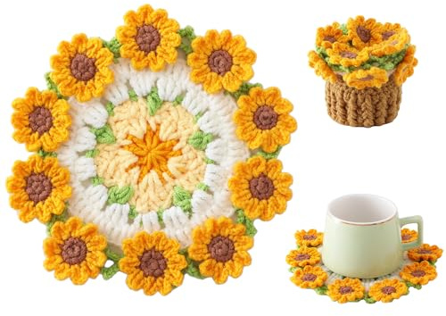 Litvana Flower Crochet Coasters, Handmade Bouquet Blanket Coaster with Crochet Plant Pot Fun Soft Decorative Drink Coasters for Coffee Tabletop Protection and Home Decor (Orange Sunflower)