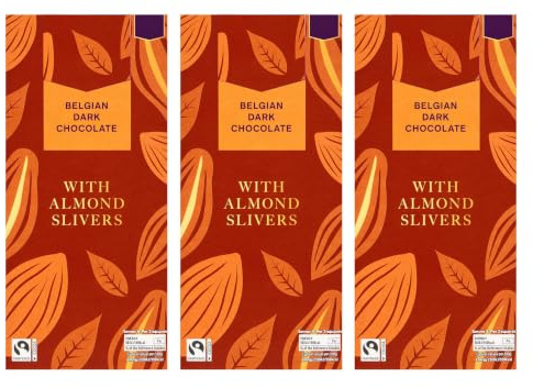 Almond Belgian Dark Chocolate Bar 100g,Suitable for Vegetarians,Pack Of 3 | Taste the Difference, Dark Chocolate, Belgian Recipe, Almond Slivers, 100g Bar