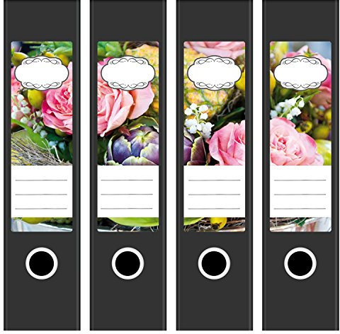 Ordneretiketten | 4 Aufkleber für breite Akten-Ordner | Blumen-Strauß | selbstklebende Design Akten-Etiketten | Deko Sticker für Rückenschilder Ordnerrücken | zum Beschreiben