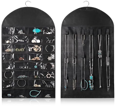 Flexzion Schmuckaufbewahrung Hängeschmuck-Organizer (1 Packung) 32 Klarsichttaschen & 18 Haken & Schlaufen, Vliesbeutel Doppelseitige Ohrring-Aufbewahrung Display-Halterung, Schwarz