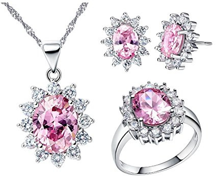 Uloveido Set di gioielli da sposa rosa con zirconi cubici, orecchini e anello per donna T466 (misura 11,5)