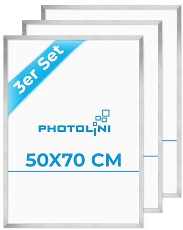 PHOTOLINI Marcos 50x70 cm plata madera MDF, set de 3 marcos para pósteres, cristal acrílico, para colgar, incluye accesorios - para fotos, láminas y pósteres