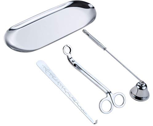 MUXSAM 4pcs Kerzenzubehör-Sets Kerzenabdeckung Rundkopf-Kerzenschere und Kerzenhaken aus Edellstahl Einfaches Nordisches Duftkerzentablett,Silber