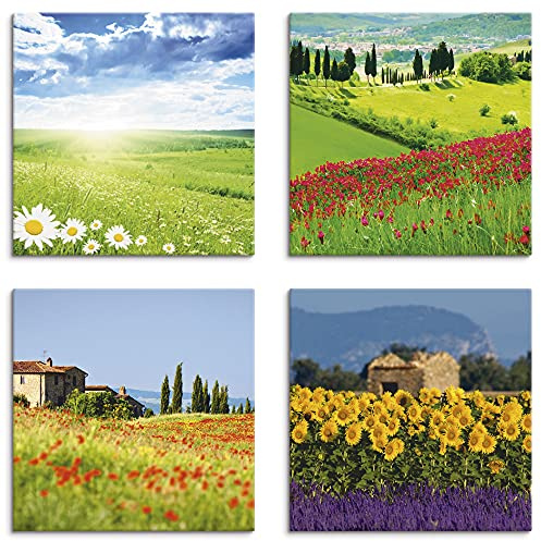 ARTLAND Wanddeko Leinwand Bilder Set 4tlg. je 30x30 cm Quadratisch Wandbilder Landschaft Blumen Felder Grün Natur Gänseblume Mohn Lavendel J6XG