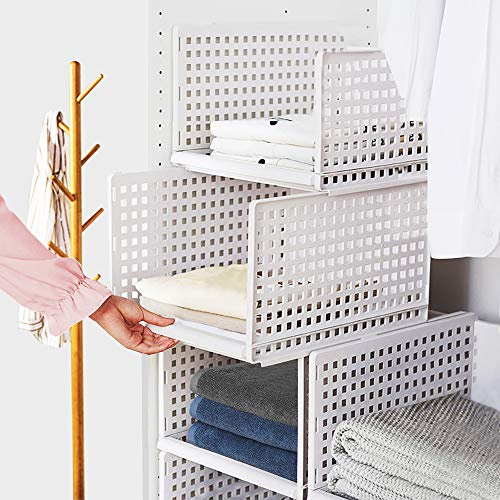 Tuevob Wardrobe Storage Boxes,4-Pack Plastic Wardrobe Closet Drawer Organiser Stackable Detachable Shelf Baskets Container Crate Cube Organizer, Home Bedroom Pull Out Drawer Dividers for Clothes,Toy