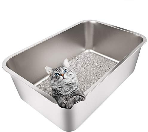 Yangbaga Edelstahl Katzentoilette Katzenklo in 50x 35x 20 cm Groß, robuste Katzentoilette, Nicht leicht zu verzerren, Kaninchentoilette, Toilette für großes Häschen und große Katze (Silber)