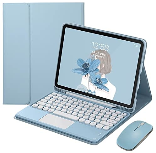 HENGHUI Keyboard Case Mouse for iPad 6th/5th Generation 9.7, Air ＆ Air 2, iPad Pro 9.7 inch Case with Cute Round Key Detachable Bluetooth TouchPad Color Keyboard (Blue)