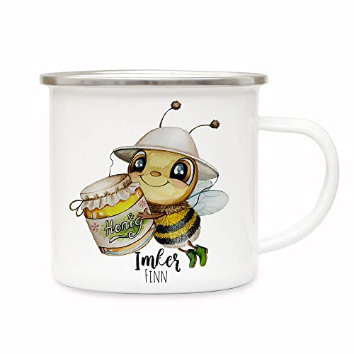 ilka parey wandtattoo-welt Emaille Becher Camping Tasse für Imker Biene Honigglas & Wunschname Name Imker Imkerei Kaffeetasse Geschenk eb644