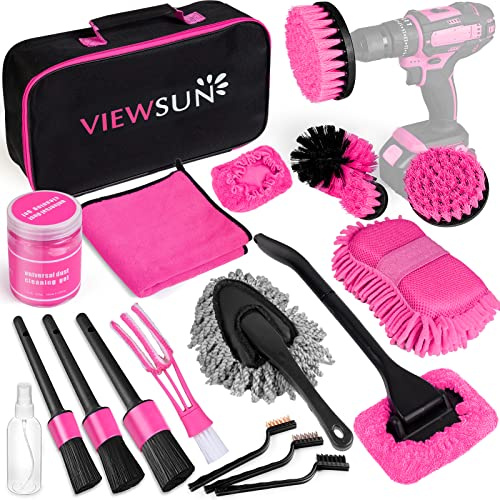 Viewsun 20-teiliges Auto-Reinigungsset, rosa Auto-Innenausstattungsset mit Bohrerbürsten-Set, Windschutzscheiben-Reinigungswerkzeug, Detail-Pinsel, Drahtbürsten, Reinigungsgel, komplettes