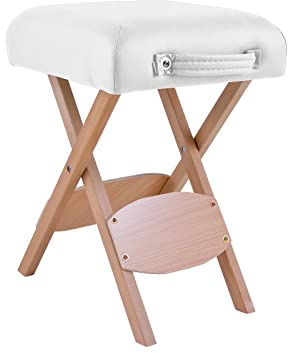 QUIRUMED Taburete Plegable de Madera con Asiento, Tapizado en Color Blanco, Multiusos, Mesa Auxiliar, Reposapiés, Polipiel, Transportable, hasta 100 kg, 33 x 33 x 48