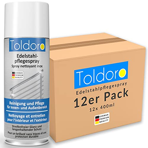 Toldoro 12x Edelstahl Pflegespray 400ml / Edelstahlreiniger für Küche oder Grill/Edelstahlpflege Spray als Edelstahl Reinigungsmittel oder Metallreiniger als Sprühflasche