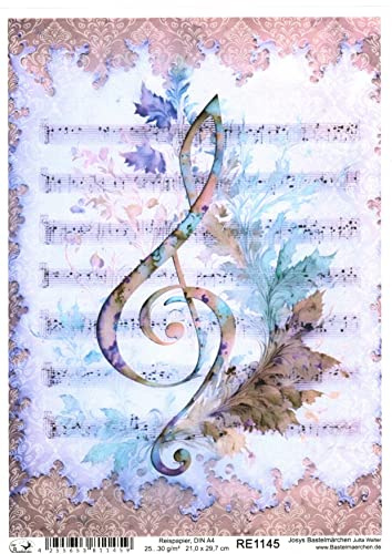 Josys Bastelmärchen Reispapier A4 Strohseide Decoupage Noten Notenschlüssel Vintage Musik RE1145