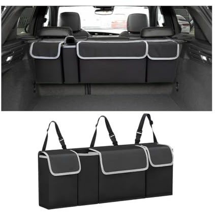 AUCELI Car Trunk Organizer, Backseat Hanging Large Storage with Adjustable Straps, Waterproof Collapsible Cargo Bag with 4 Pockets, Sturdy Space Saver Frees Trunk Floor for SUV, Truck, MPV