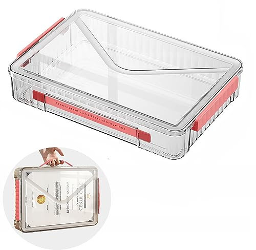 Marte Vanci Plastic Storage Box with Lid, Clear A4 File Box Portable Project Case with Handle Transparent Organiser for Photo Craft Storage Document Letter Paper Scrapbook Stationery Magazine Red