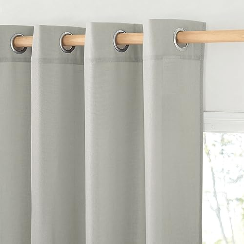 PONY DANCE Kurze Gardinen Halbtransparent Vorhang Leinen Küche/Schlafzimmer | Hellgrau,2er Set,H137 x B140 cm,Boho Gardinen Leinenoptik mit Ösen,Leinenvorhang Landhaus Badezimmer Fenster,Linen Curtains