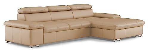 CAVADORE Leder-Schlafsofa Valerie mit XL-Longchair / Eckcouch mit Schlaffunktion, Kopfteilverstellung + großem Longchair / 286 x 73 x 174 / Echtleder Beige