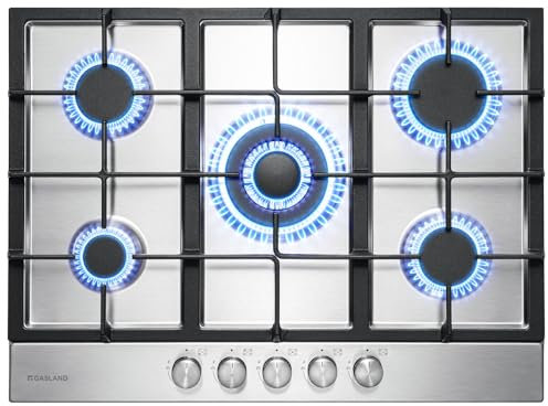 GASLAND GH2705SS1FC 76 cm Placa de Cocina de Gas Butano, Empotrable de acero inoxidable de 5 Fogones, Placa de gas empotrable autárquica, Encimera de gas de acero inoxidable con quemador Wok, 10,4 KW