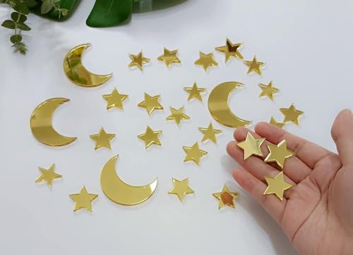 26pcs Gold Mond Stern Kuchen Topper, Mond und Sterne himmlischen Kuchen Reize für Geburtstag Party Baby Dusche DekorPieces, Gold Mirror)