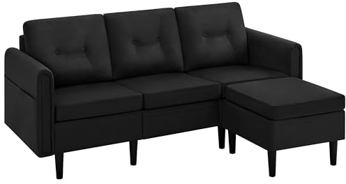 Yaheetech Fabric Reversible 3-Seater L-Shaped Sectional Sofa, Black | Reversible Chaise Lounge, with Ottoman & Side Pockets, Polyester Fabric, Ideal for Small Spaces, Living Room & Home Office