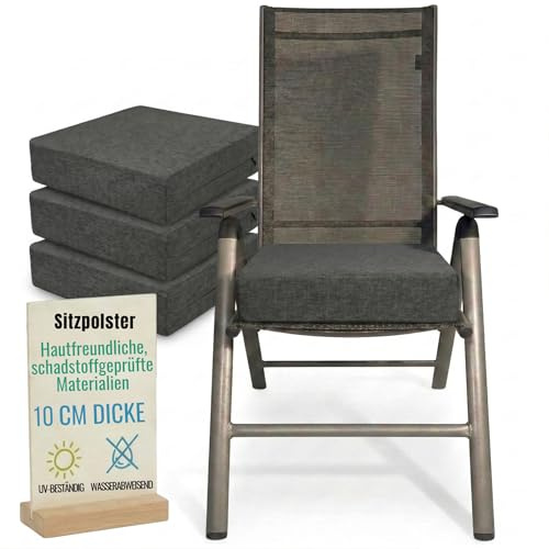 Pillows24 – 4X Sitzkissen 40x40 cm 10 cm Dick | Schaum Stuhlkissen waschbar Bezug | Wasserabweisend & UV-beständig | Outdoor Sitzkissen Stuhl, Sitzerhöhung Stuhl für Garten & Balkon | Graphit