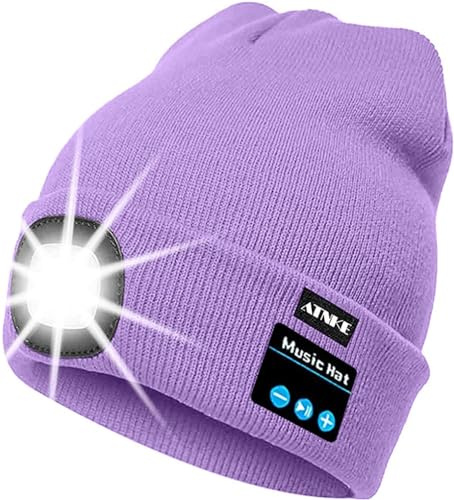 ATNKE LED beleuchtete Bluetooth Beanie Kappe, wiederaufladbare USB-Musikalische Laufmütze mit extrem hellem 4 LED Licht wasserdichte Lampe für das Skifahren